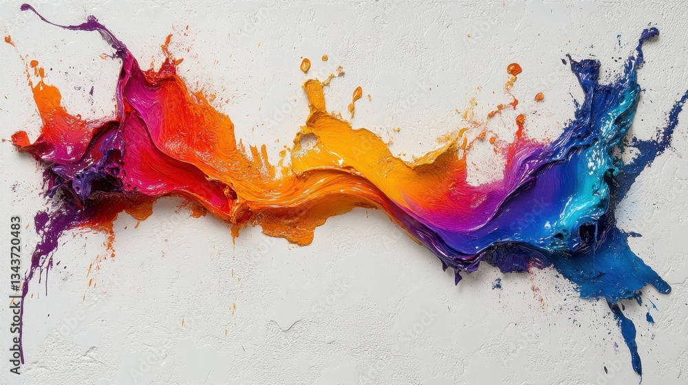 Poster glossy, iridescent paint splashes in a spectrum of colors, bursting in abstract patterns on a textur