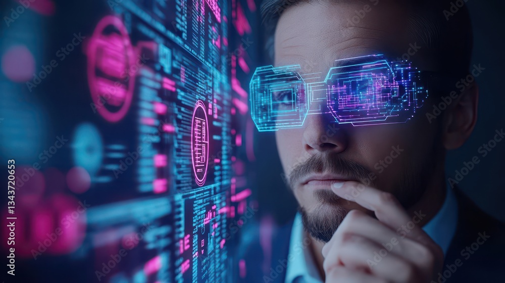 Poster professional man in business suit engaged with advanced computer interface displaying futuristic tec