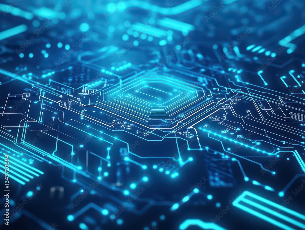Poster intricate circuit board design featuring central circuit pattern with complex pathways and connectio