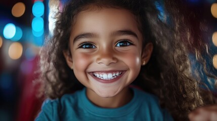 Joyful child, radiant smile.  A young girl with a bright, happy expression.  Her curly hair and wide, expressive eyes complement her beaming smile.  Captured in a moment of pure delight