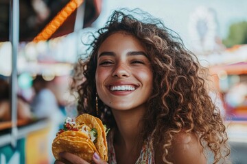 Smiling Woman Enjoying a Taco at a Fair