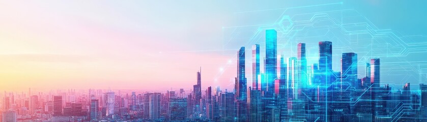 Fototapeta premium Futuristic Cityscape Featuring Innovative Skyscraper Surrounded by Modern Architecture and Dynamic Urban Environment Under a Clear Blue Sky
