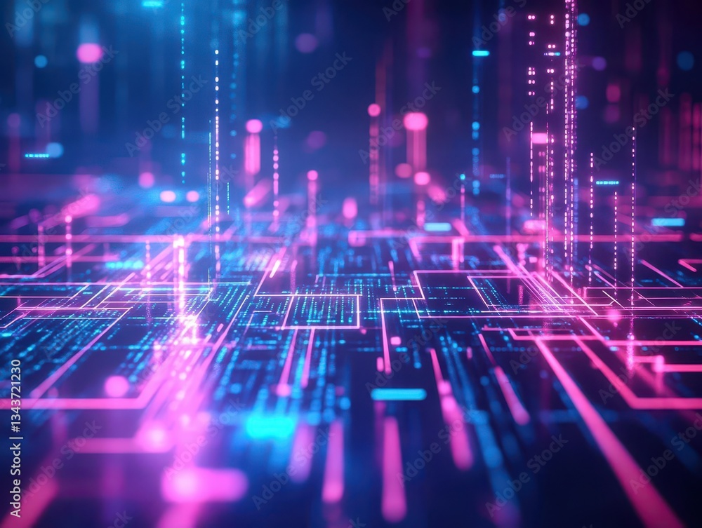 Poster futuristic background with glowing lines and dots creating an abstract digital atmosphere that evoke
