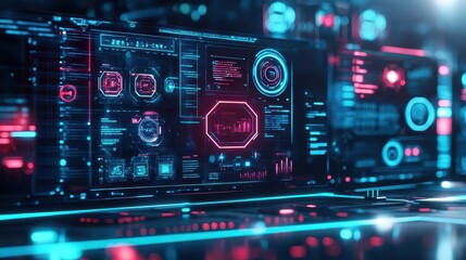 Obraz premium Futuristic Computer Screen Displaying Advanced User Interface with Dynamic Graphics Colors and Innovative Design Elements in a Modern Workspace Setting