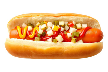 Vibrant hot dog in a toasted bun, loaded with mustard and ketchup, perfect for a delicious snack or casual meal on a white background.