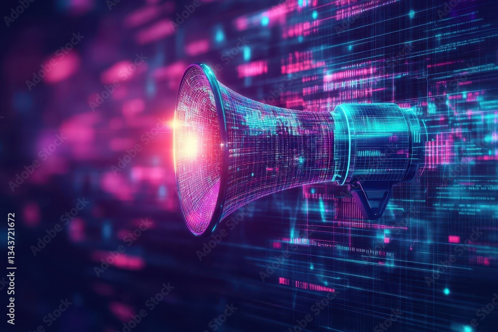 Poster a megaphone against a futuristic digital background symbolizing communication and connection in a mo