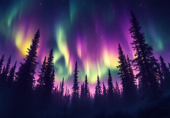 Fototapeta premium Majestic aurora borealis lighting up the night sky over silhouette of tall pine trees in a serene forest
