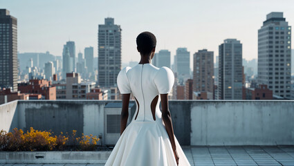 Fashion model wearing white dress posing on rooftop with city view