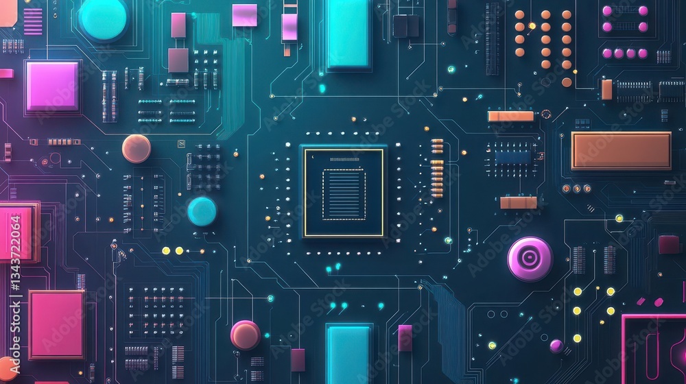 Poster vibrant computer circuit board featuring colorful geometric shapes and intricate connections represe