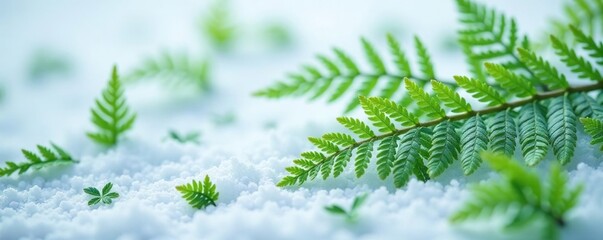 Delicate fern fronds scattered on a snowy white surface, foliage, leaves, snow covered