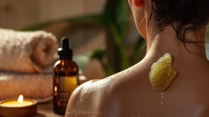 Relaxing aromatherapy session with essential oils and gua sha massage tool for wellness and self-care