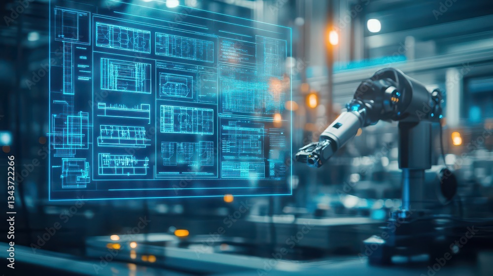 Poster futuristic robot analyzing technical blueprint on digital screen in modern workspace emphasizing inn