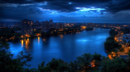 Night cityscape view over a river, with city lights reflecting on the dark blue water under a dramatic sky. Trees frame the scene.