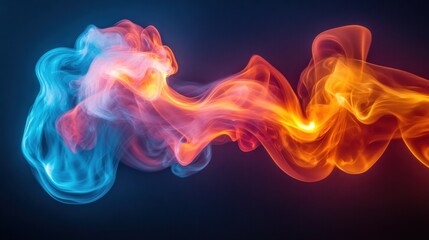 Obraz premium Abstract fine-art photo of smoke trails in grayscale, gently weaving around neon blue and volcanic orange flame bursts.