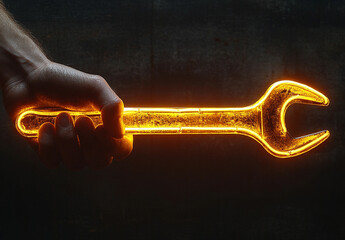 Illuminated glowing wrench being held by a person in a dark room with neon light effect creating futuristic atmosphere