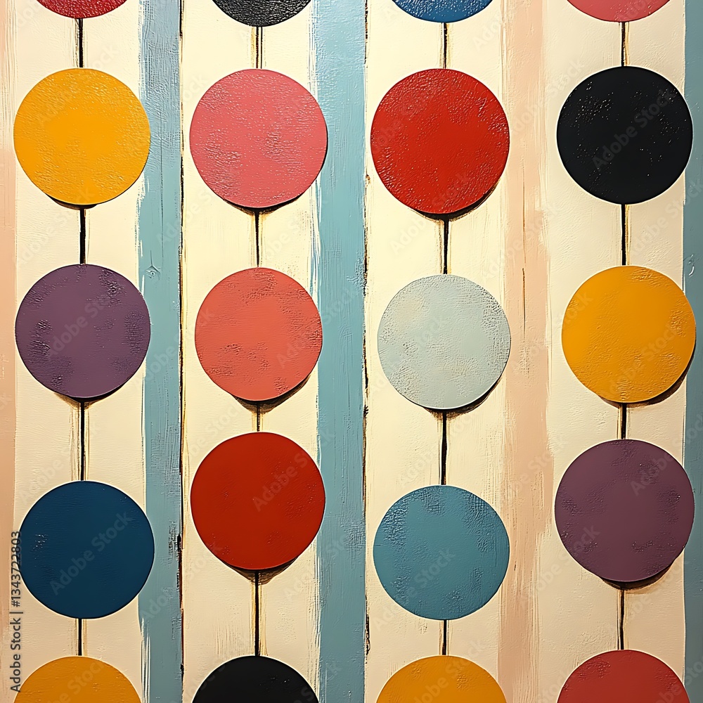 Poster abstract art with colorful circles and vertical lines on a cream background