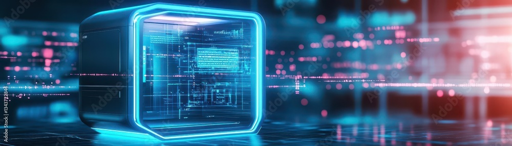 Poster modern computer set against a vivid blue and red background creating a contrast that evokes energy a