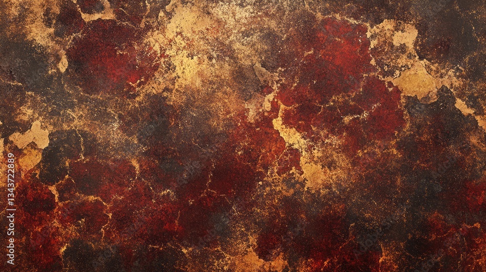 Poster abstract textured background featuring rich reds and golds, resembling a weathered surface with dept