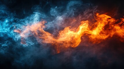 Dramatic monochrome smoke tendrils swirling with vivid orange and electric blue flames, creating a dynamic contrast of motion and heat.
