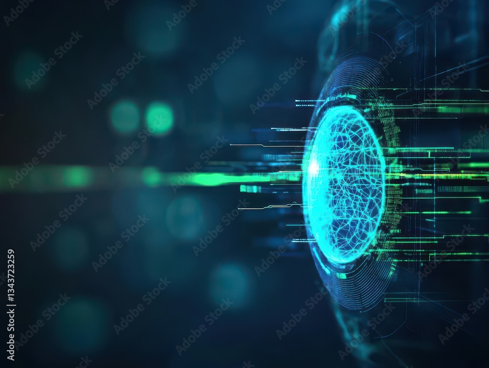 Poster futuristic interface design featuring a glowing circular element surrounded by abstract patterns and