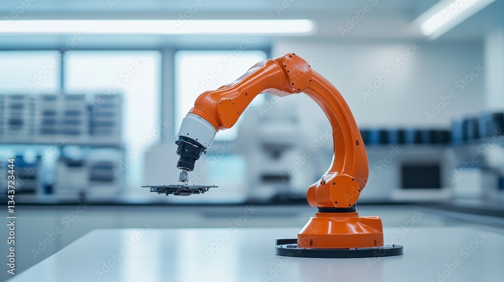 Poster orange robotic arm manipulating a small object on a white table in a modern laboratory setting. brig