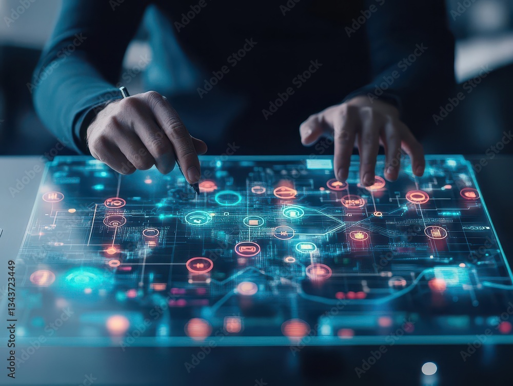 Poster individual engaged with interactive digital tablet interface in modern environment highlighting tech
