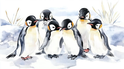 Watercolor illustration of a group of emperor penguins huddling together on snowy ice with soft winter tones. Hand painted realistic wildlife animal art on a white isolated background