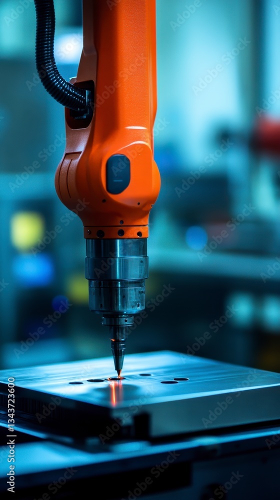Poster close up view of an orange robotic arm with a drill bit precisely working on a metallic surface. the