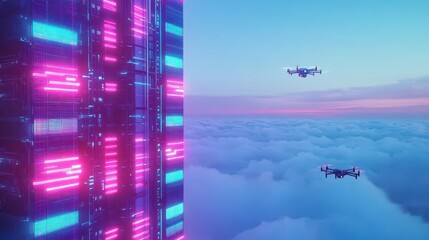 Fototapeta premium A Majestic Airplane Soaring Above a Vibrant Urban Skyline with Fluffy Clouds and a Clear Blue Sky Creating a Sense of Freedom and Adventure