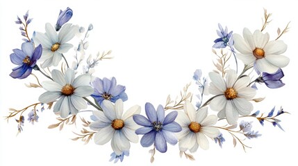 Obraz premium Enchanting watercolor floral wreath with tiny white daisies and soft violet petals, encircling delicate golden wedding script.