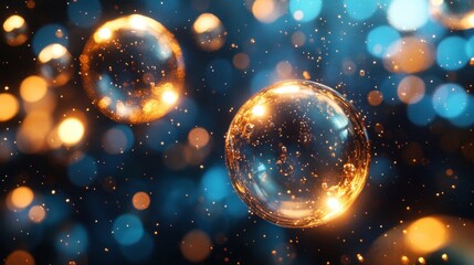 Surreal oil bubble clusters in a cosmic dark-blue space, with delicate golden light refractions creating a dreamy atmosphere.