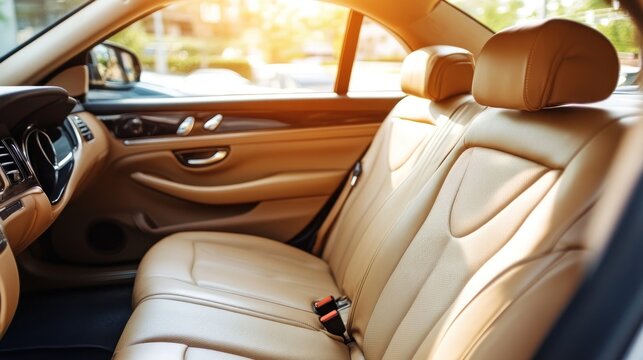 A well-lit interior of a car featuring beige leather seats.
