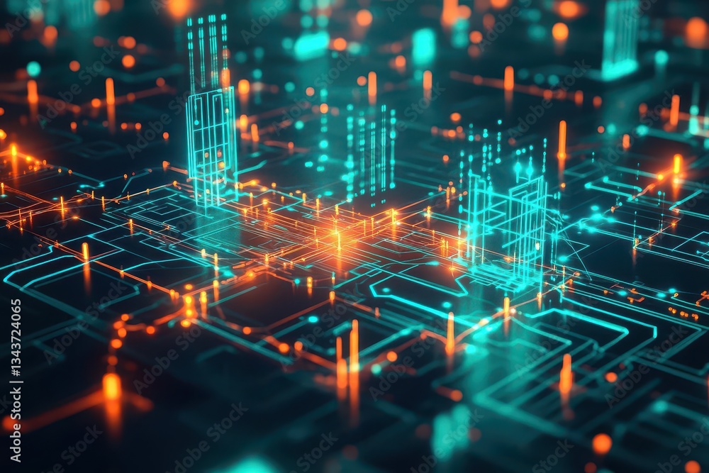 Poster mesmerizing circuit board with illuminated components and glowing lights creating a dynamic and futu