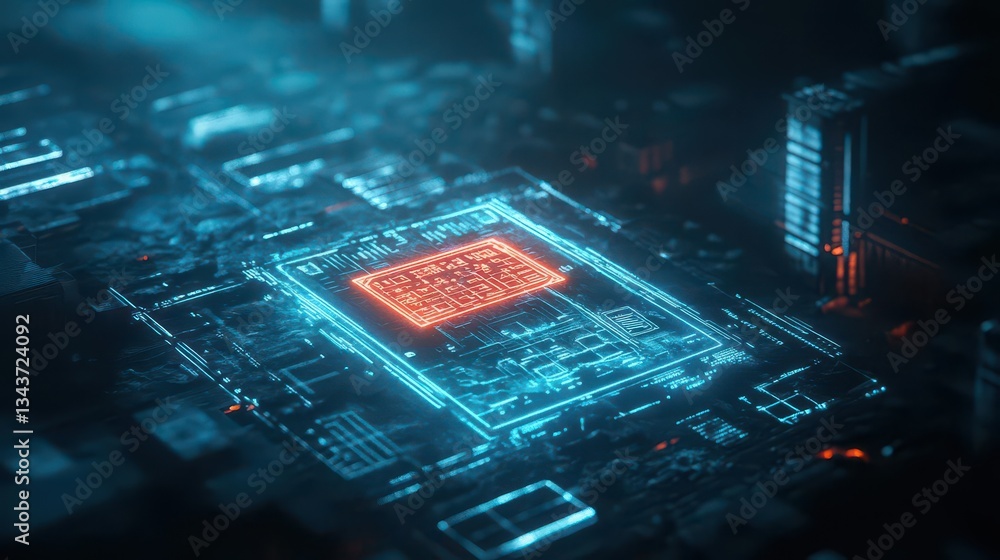 Poster futuristic computer processor illuminated by glowing red light showcasing advanced technology in a s
