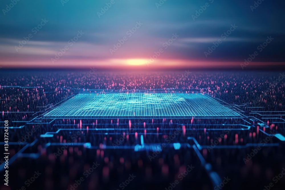Aufkleber futuristic digital circuitry with vibrant glowing blue and pink lights creating a high-tech abstract