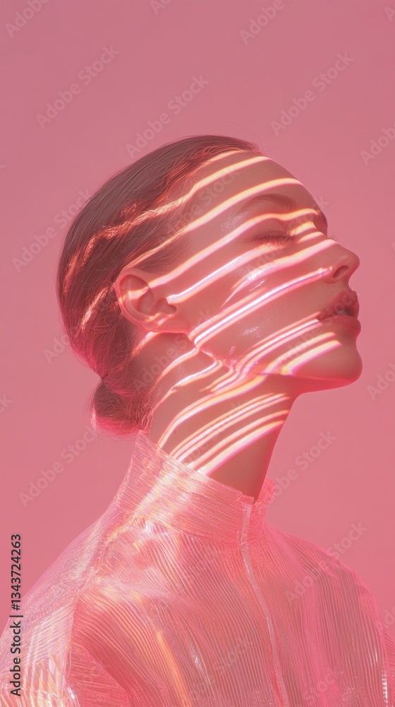 Poster Light projections create striking patterns across the profile of a serene individual against a soft pink backdrop. The delicate interplay transforms the appearance of the subject beautifully