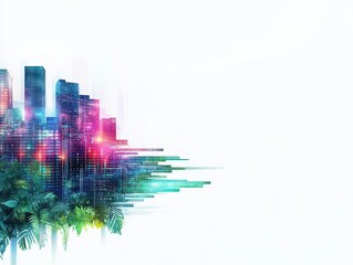 Obraz premium Vibrant Cityscape Featuring Lush Palm Trees Against a Backdrop of Modern Architecture Under a Clear Blue Sky Evoking a Relaxed Tropical Atmosphere