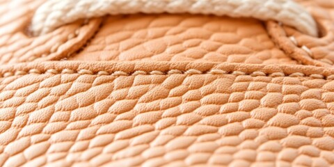 This close-up view highlights the intricate texture of leather and detailed stitching of a shoe, showcasing craftsmanship during bright daylight