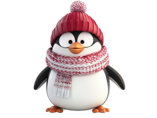 Fototapeta premium A cartoon penguin with a red hat and scarf standing against a Isolated on white transparent background
