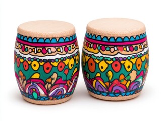 Pair of colorful hand painted drums on white background. The drums are cylindrical with a beige top and bottom, and feature vibrant green, pink, purple, yellow, and blue designs.