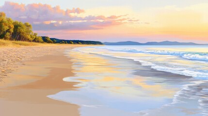 Fototapeta premium Serene Beach Landscape at Sunset with Gentle Waves and Reflections