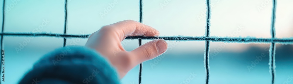 Poster a close up of a hand gripping a thin metal wire in natural light with soft shadows creating a focuse