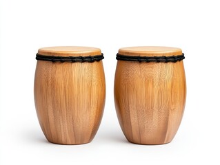 Two light brown wooden drums with dark brown beaded rims sit on a white background. Studio shot.
