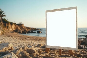 Mockup of blank white information board on sandy beach in summer, holiday vacation concept background, selective focus