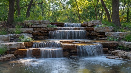 Serene waterfall cascading over stone steps in a lush forested park