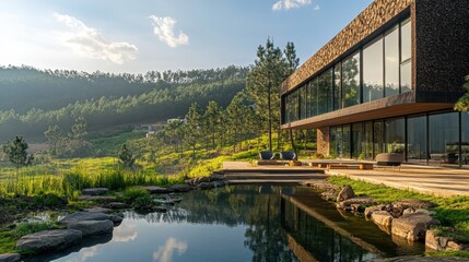A panoramic view of an eco-conscious brands headquarters surrounded by nature.