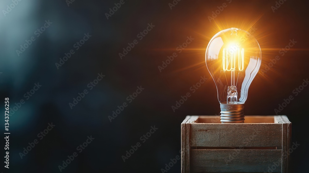 Aufkleber bright and innovative light bulb positioned elegantly on a rustic wooden block symbolizing creativit