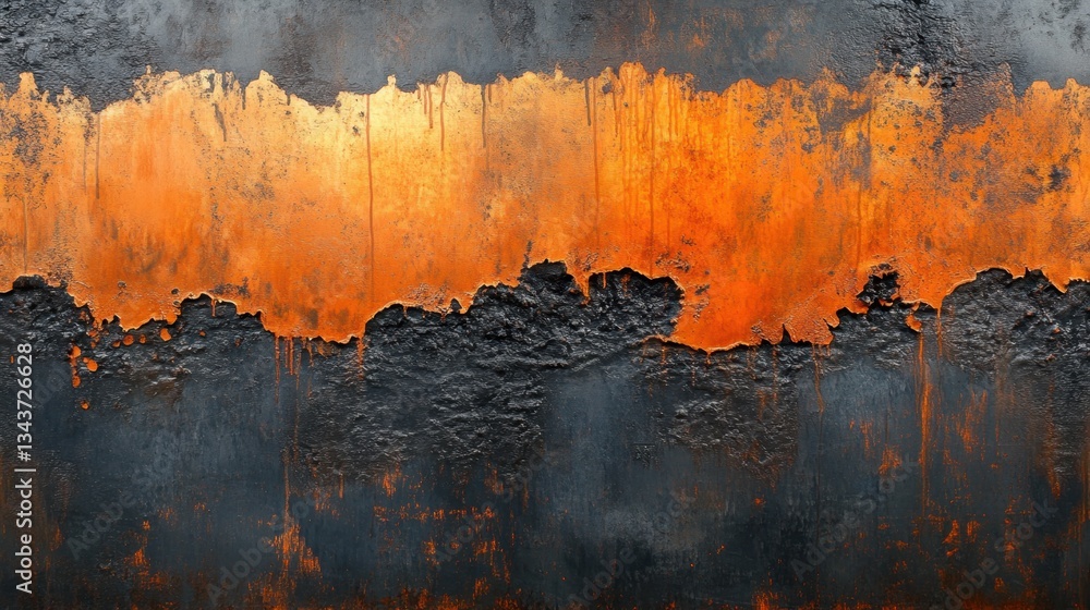Poster dappled rust-orange and dark coal-black paint layers with delicate copper etchings, blending rawness