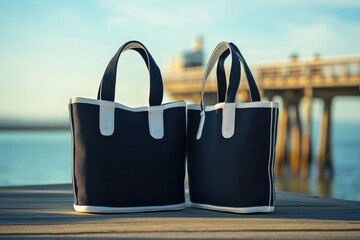 Two dark navy canvas tote bags with white trim placed outdoors on wooden pier, casual beach-style fashion accessories