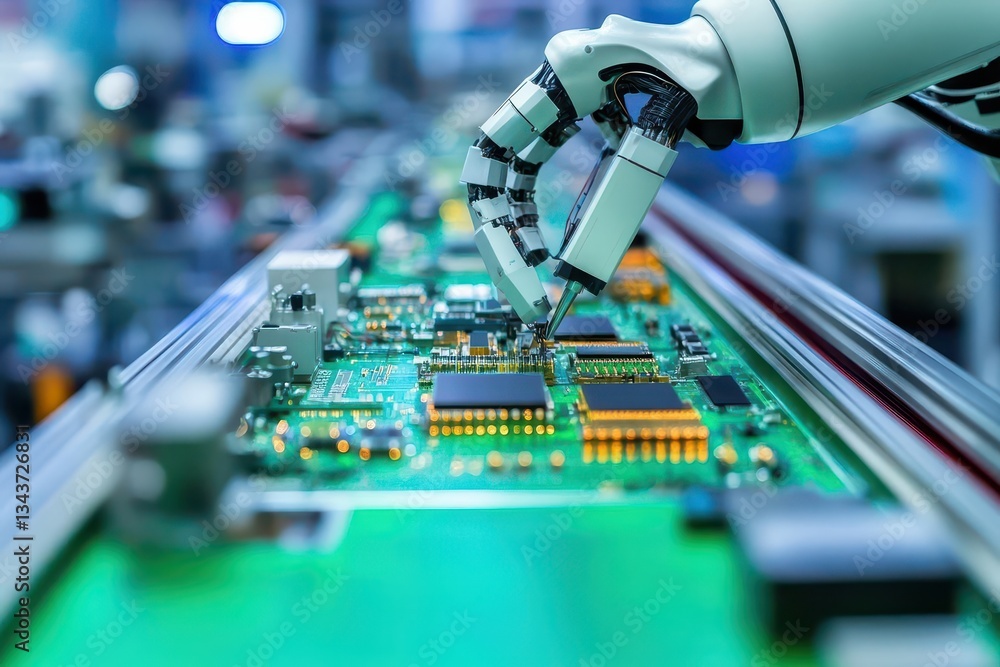 Poster a robotic arm skillfully assembling complex circuits in a high-tech factory environment showcasing p